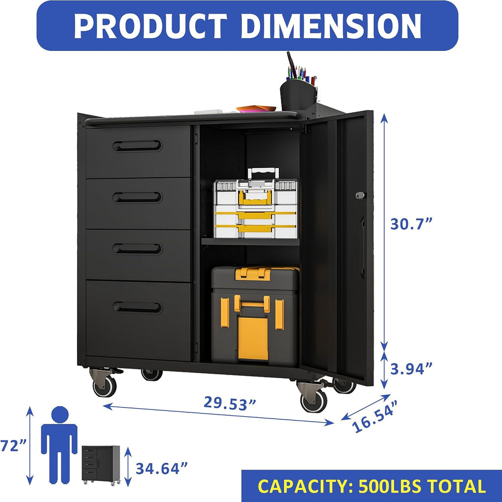 Mobile Tool Storage Cabinet with 4 Drawer and 1 Locking Doors,Heavy Duty Rolling Tool Cabinets for Garage,Metal Storage Cabinets Tool Cart on Wheels with Wheels,Assembly Required