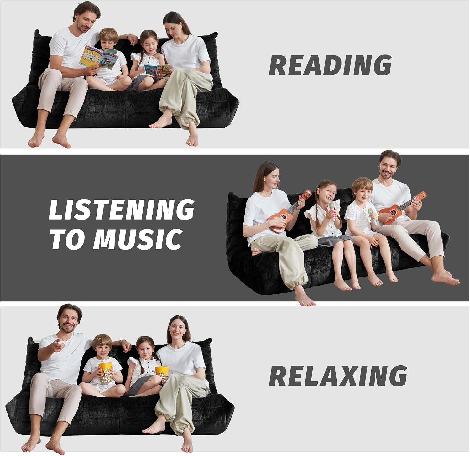 Homguava Bean Bag Chair, Giant Beanbag Chairs for Adults, Memory Foam Fireside Chair, Large Lazy Floor Sofa, Sofa Couch with High-Rebound Foam, Lounge Chair for Living Room, Bedroom (Black, 3-Seater)
