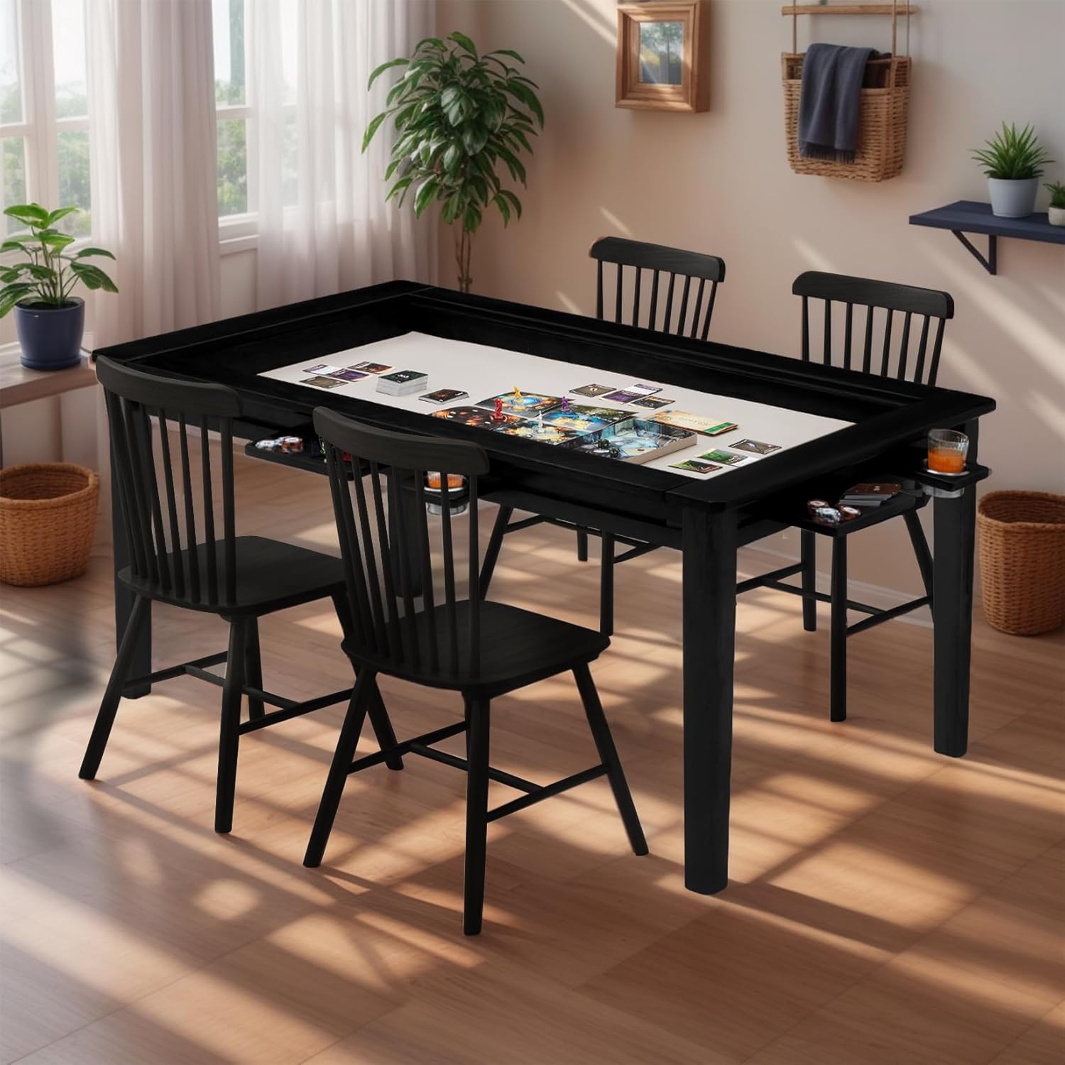 Coperat Solid Wood Board Game Table for 4-6 Players,Dining/Gaming Table w/ 54'x31' Big Gaming Space and Removable Top,Includes Game Mat, 6 Cup Holders & Hobby Tray,Black