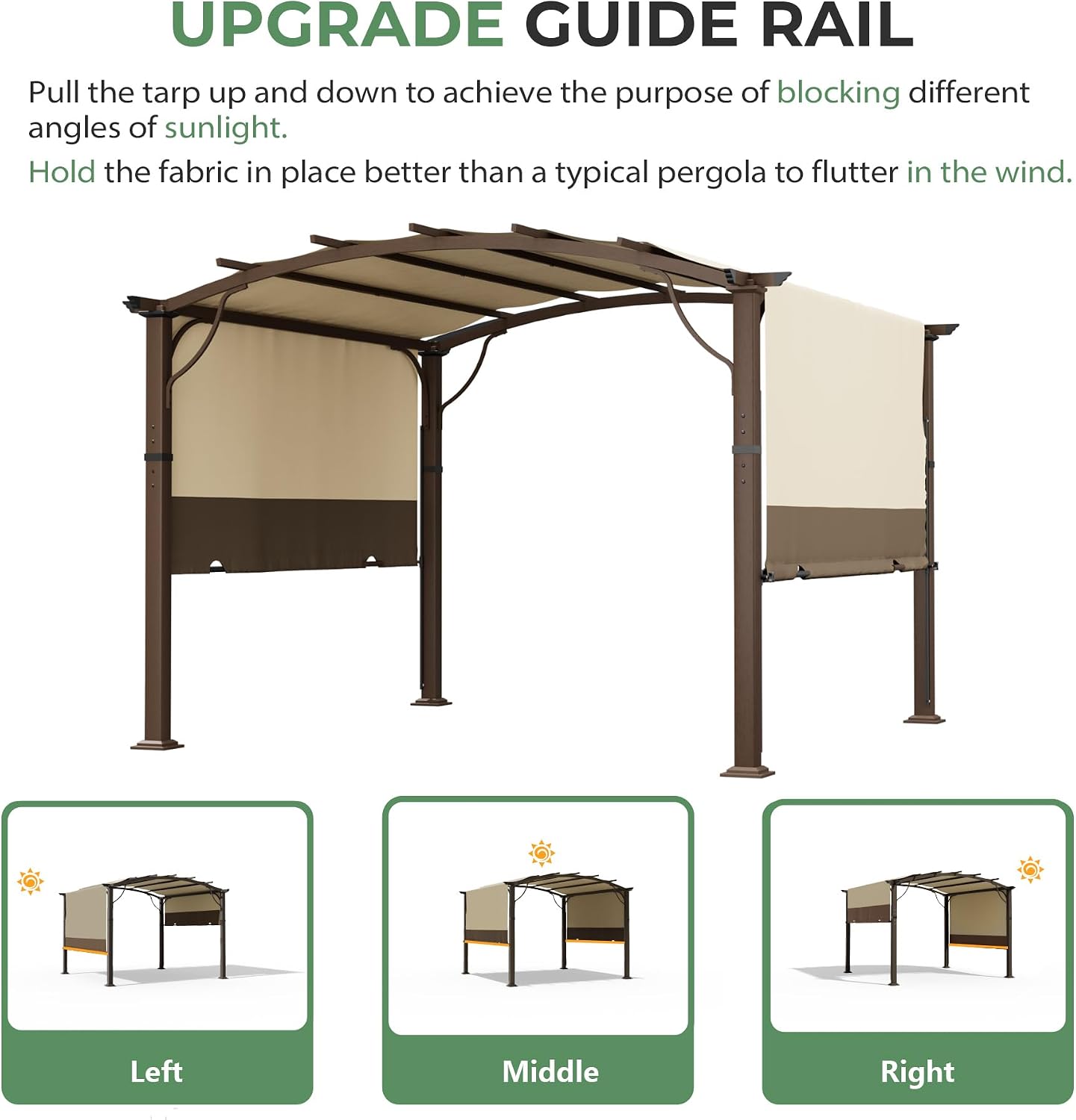 10' x10' Arched Outdoor Pergola for Deck, Outdoor Retractable Pergola with Canopy and Hardware, Small Aluminum Frame with Canopy Fixed in Various Positions (Brown)