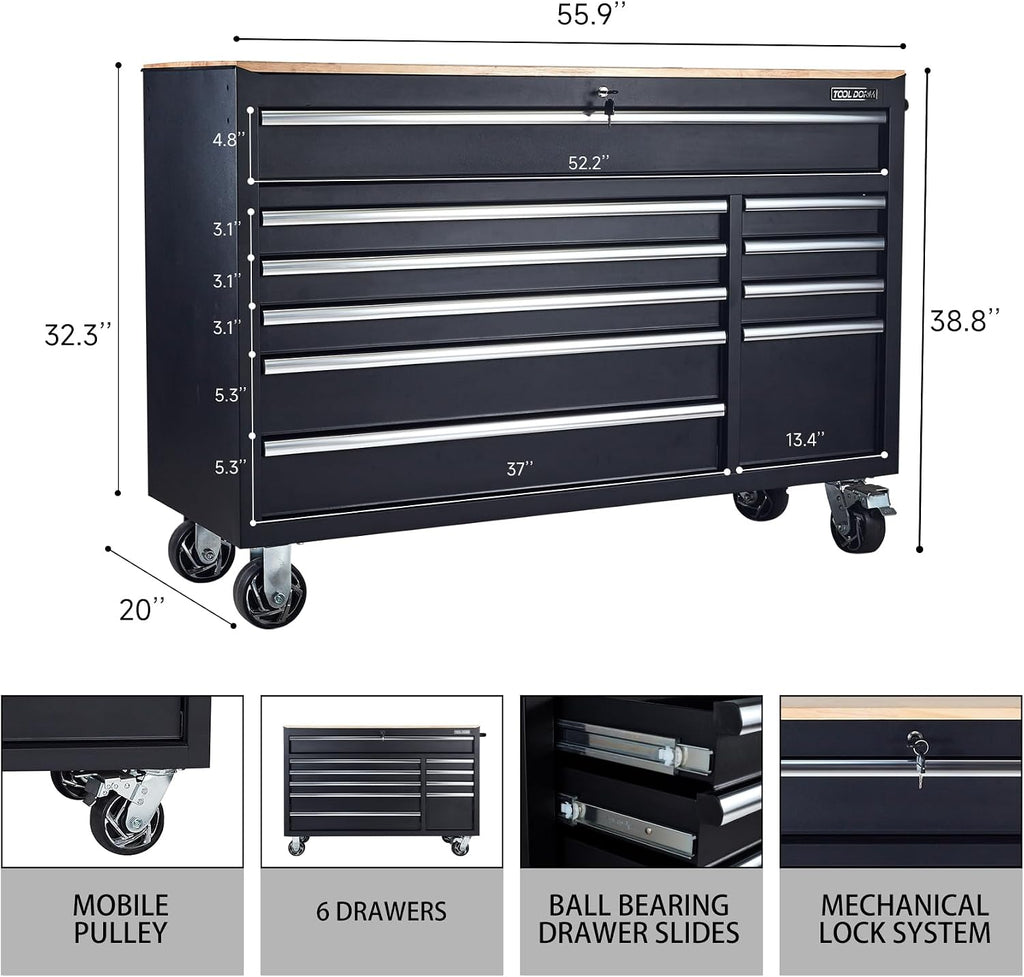 Rolling Large Tool Chest 56-Inch 10 Drawers, Big Tool Chest with Drawers, Workbench with Wooden Top and Power Strip, Rolling Toolbox with Drawers and Locking System, Black