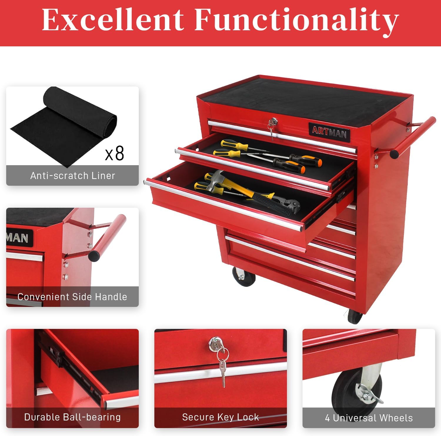 Rolling Tool Chest with 7-Drawer Tool Box with Wheels Multifunctional Tool Cart Mechanic Tool Storage Cabinet for Garage, Warehouse, Workshop, Repair Shop (Red)