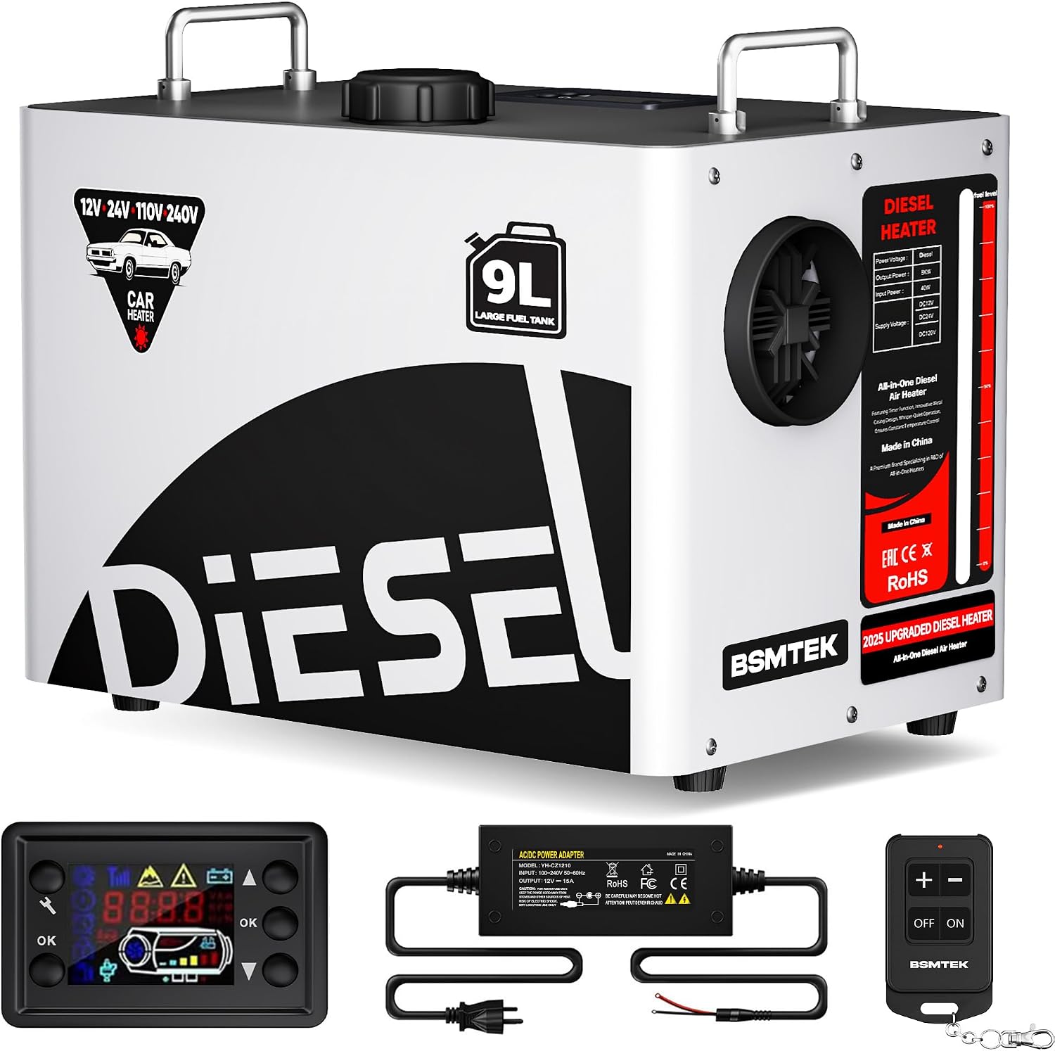 9L Large Diesel Heater, 8KW 240V/110V/12V/24V All in One Diesel Air Heater with LCD Switch, Remote Control, Suitable for Truck, RV, Home, Car, Campers, Boat, White
