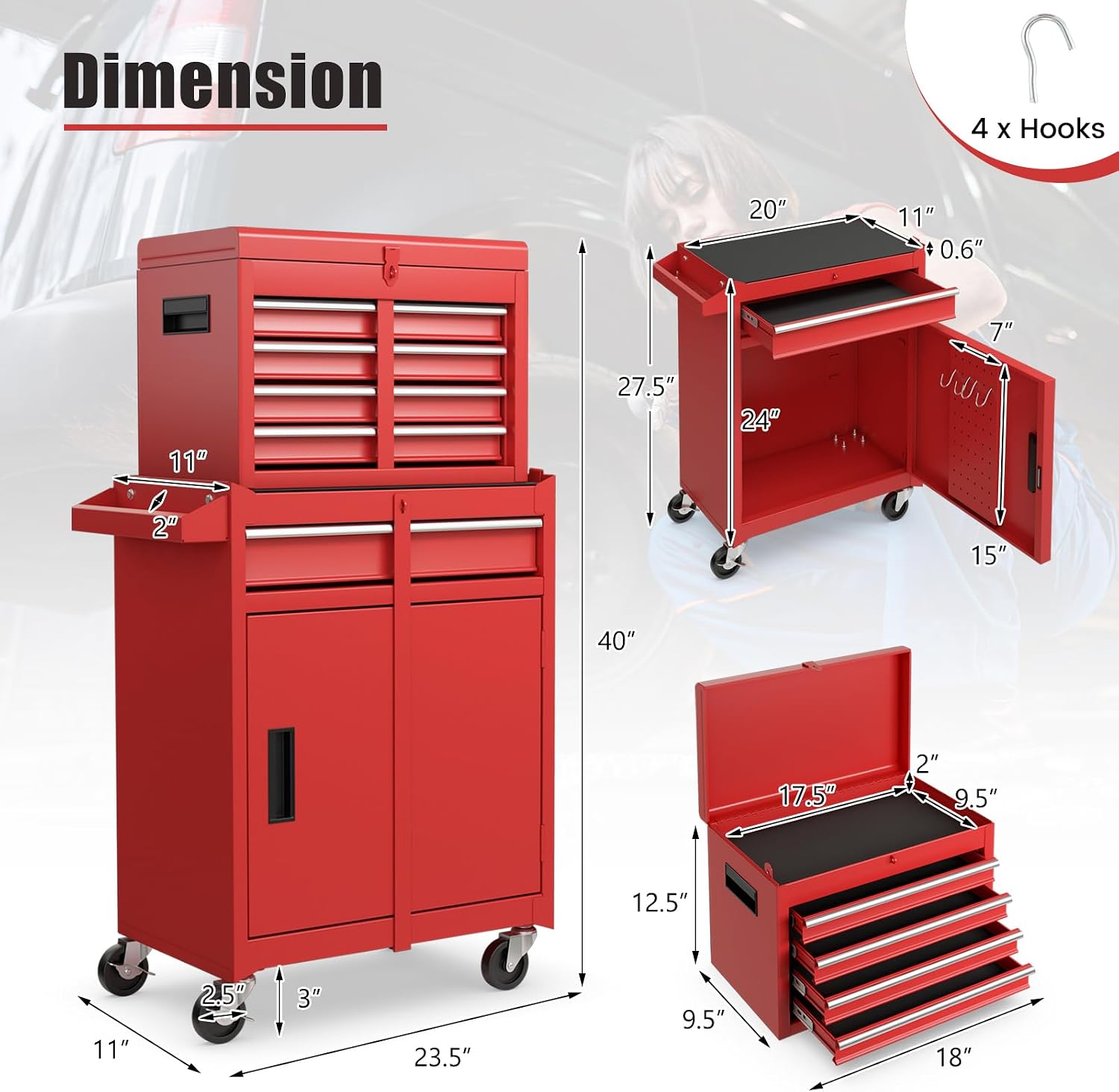 DORTALA Rolling Tool Chest Cabinet, Tool Box Organizer with 5 Sliding Drawers, Locking System, Toolbox Storage Cabinet on Wheels for Garage Workshop, Red