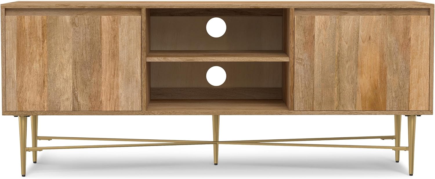 SIMPLIHOME Fallon SOLID MANGO WOOD 60 inch Wide Contemporary TV Media Stand in Natural For TVs up to 65 inches for the Living Room and Entertainment Center