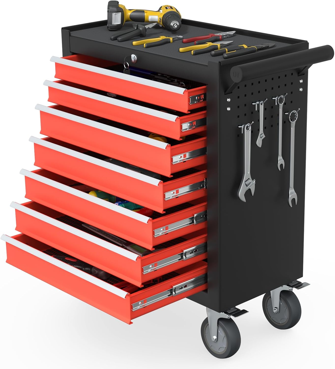7-Drawer High Capacity Rolling Tool Box, Removable Cabinet Storage Tool Chest with Wheels and Drawers, Detachable Toolbox with Lock for Mechanics Garage Workshop and Tool Room (Black&red)