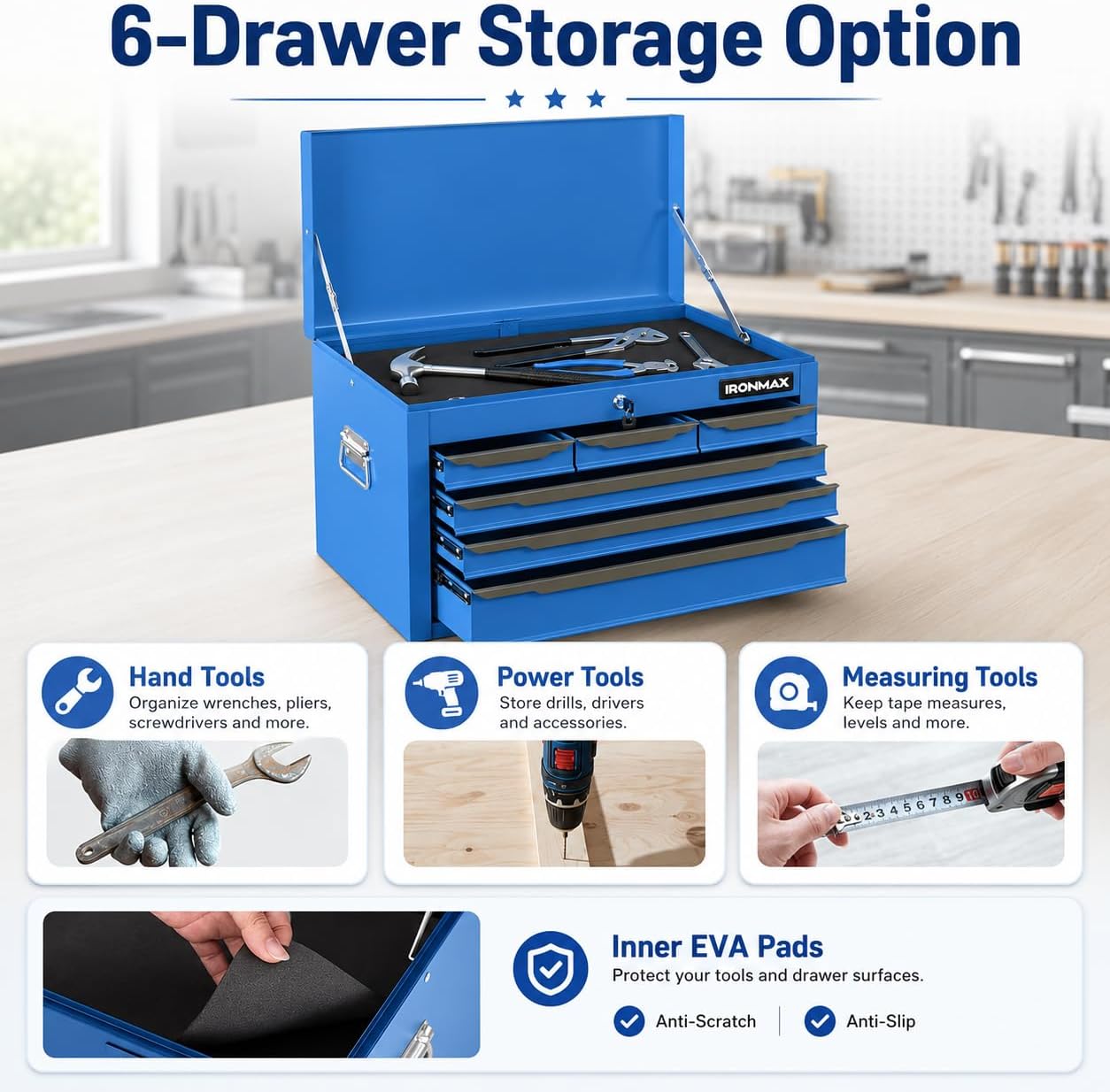 ARNOT Large Metal Tool Box, Tool Box with 6 Drawers & Top Tray, Heavy-Duty Steel Tool Chest with Auto-Locking Drawers and Side Handles for Garage & Workbench (Blue)