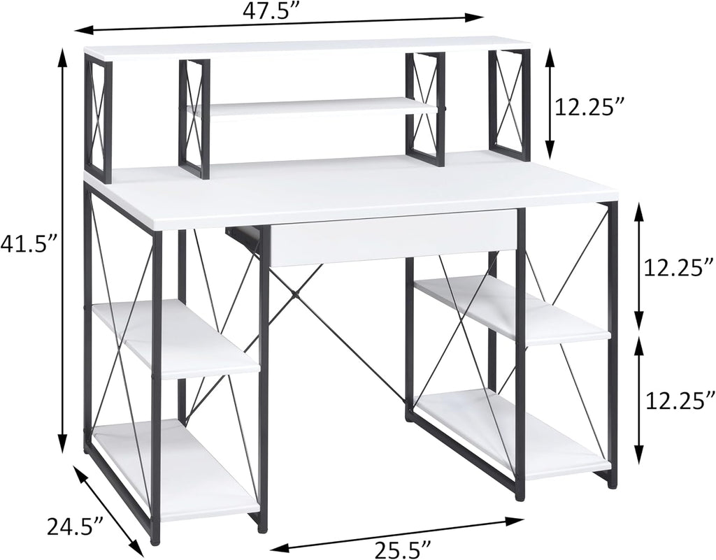 Modern Computer Desk with Hutch and Open Shelves, Foldable Adjustable Portable Gaming Study Desk Table with Wheels for Bedroom Office Student Sturdy Furniture,White-Wood