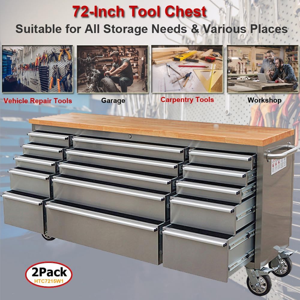 2 Pack - 72' Stainless Steel Rolling Tool Chest with 15 Drawers, Lockable Storage Cabinet, Mobile Workbench, Assembled Large Tool Box with Wheels for Garage Workshop (2 × HTC7215W1)