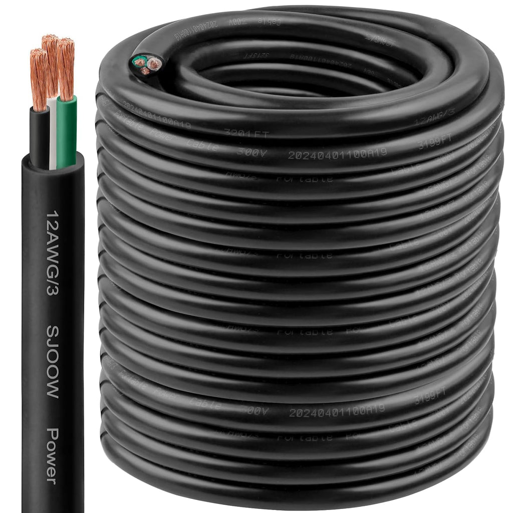 12/3 SJOOW Wire 250FT, 12 AWG 300V SJOOW Bulk Cable, 12 Gauge 3 Conductor Portable Cable for Welder,Generator,Portable Light,Circuits,EV Car Charger,Motor Lead