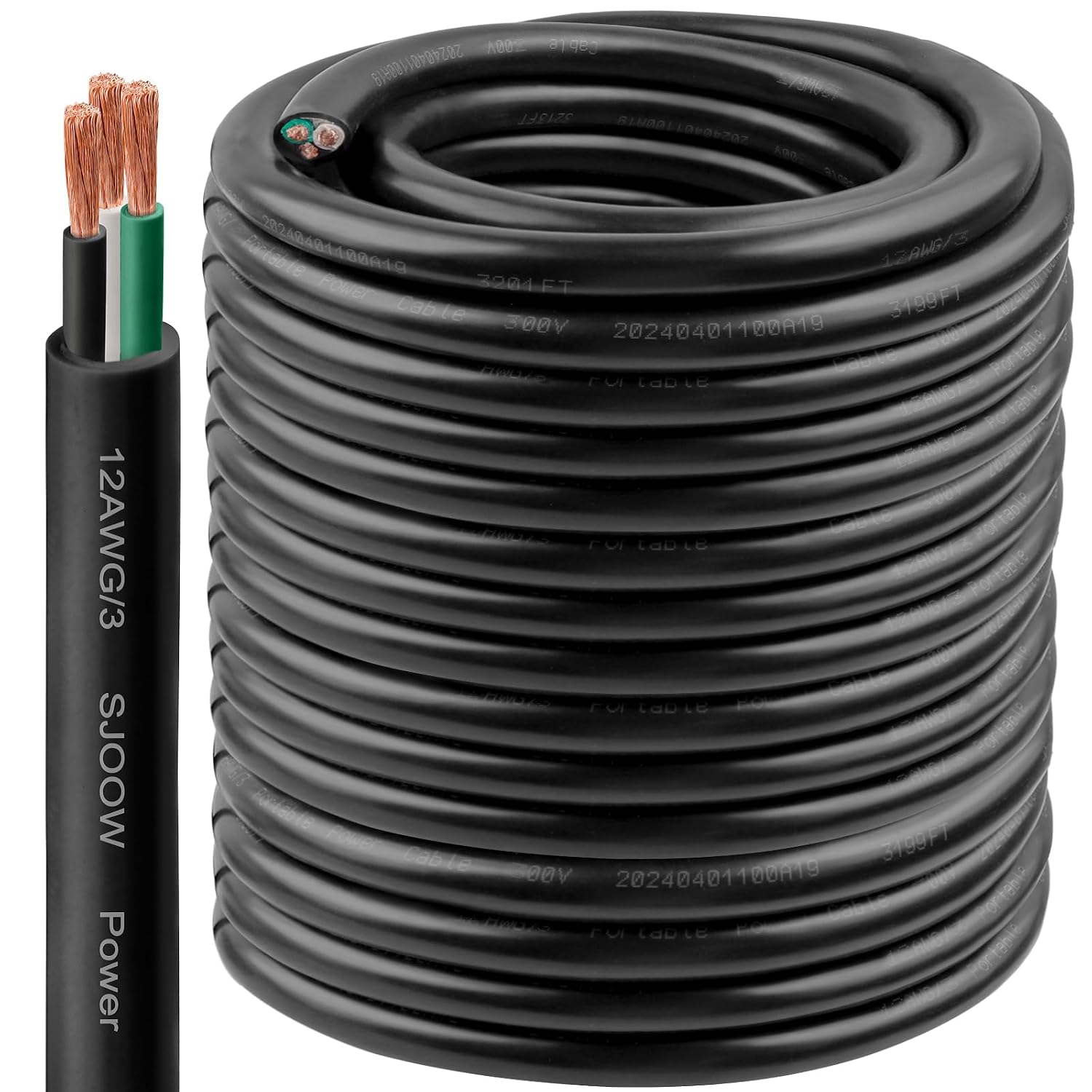12/3 SJOOW Wire 250FT, 12 AWG 300V SJOOW Bulk Cable, 12 Gauge 3 Conductor Portable Cable for Welder,Generator,Portable Light,Circuits,EV Car Charger,Motor Lead