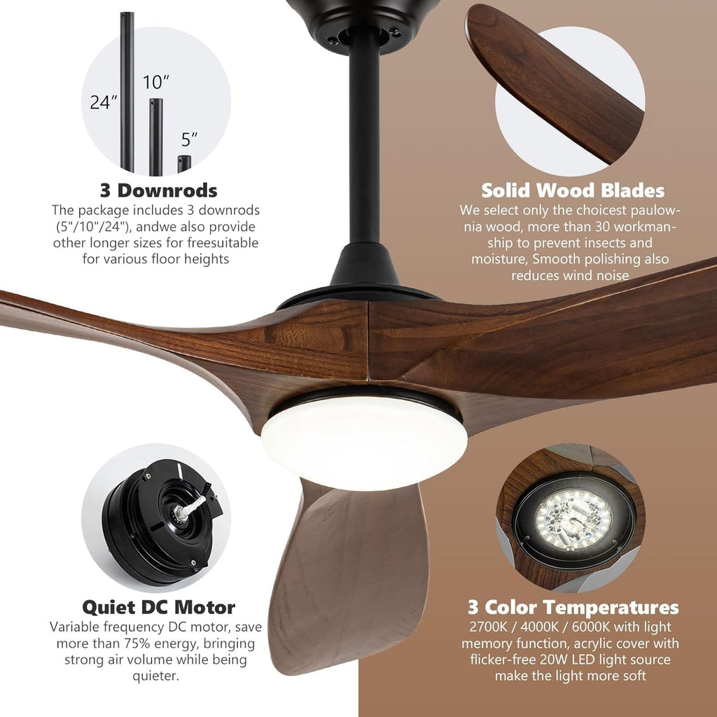 70 inch Ceiling Fan with Lights, Large Outdoor Ceiling Fans for Patios Waterproof, 3 Blades Wood Propeller Ceiling Fan with Reversible Quiet DC Motor for Exterior House Porch Farmhouse Gazebo