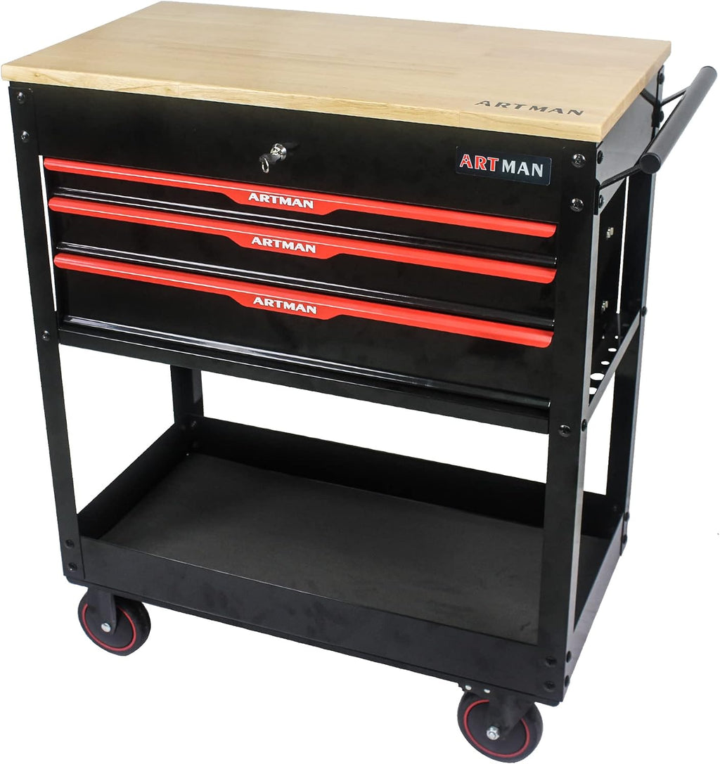 3 Drawers Tool Cart on Wheels,Tool Storage Box with Wooden Top,Drawers Rolling Tool Box Organizer Tool Case for Garage,Warehouse,Workshop,Repair Shop (3 Drawers-38.5'H-Black&Red)