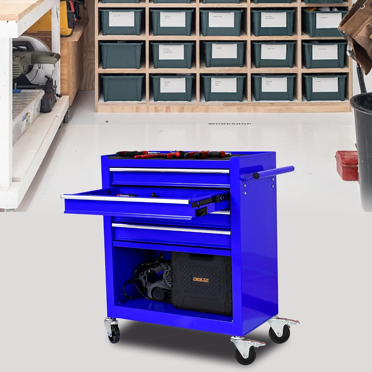 4 Drawers Rolling Tool Cart on Wheels, Trolley Organizer Tool Case Tool Chest, Multifunctional Tool Storage Tool Box for Workshop, Garage, Warehouse, Repair Shop(24.2' W×12.9' D×29.9' H-Blue)