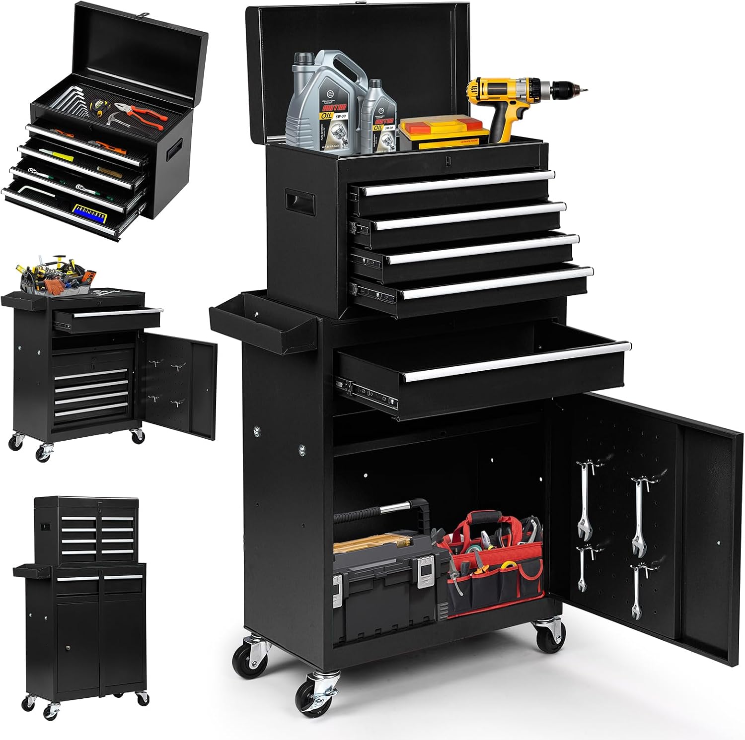 Dawmilon 5-Drawer Rolling Tool Chest, Detachable Top Tool Box, Lockable Metal Tool Cabinet with Wheels, Adjustable Shelf and Liner for Garage Workshop Storage, Black