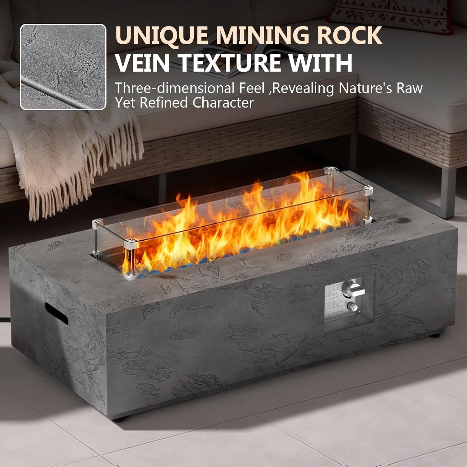 Dineli 2-Piece Outdoor Propane Fire Pit Table Set w Tank Table 42'' Rectangular Firepit with 50,000 BTU Output Gas Fire Pits for Outside Patio Fire Table Tabletop Fire Pits, Gray- Rock Veins