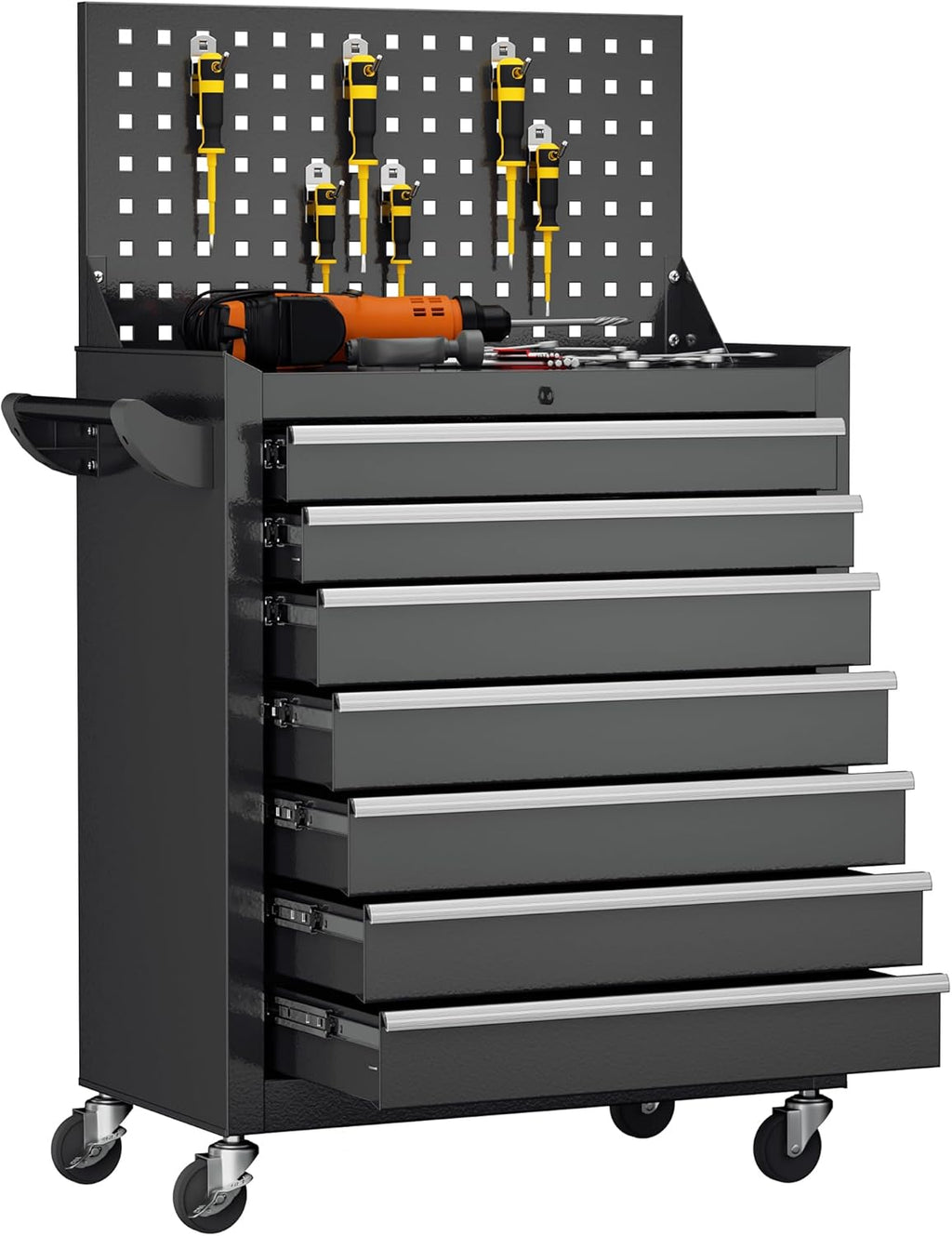 Greenvelly 7-Drawer Metal Tool Chest, Rolling Tool Chest with Wheels, Tool Cabinet with Pegboard and Hooks, Metal Tool Cart with Handle for Garage, Workshop, Warehouse (Black)