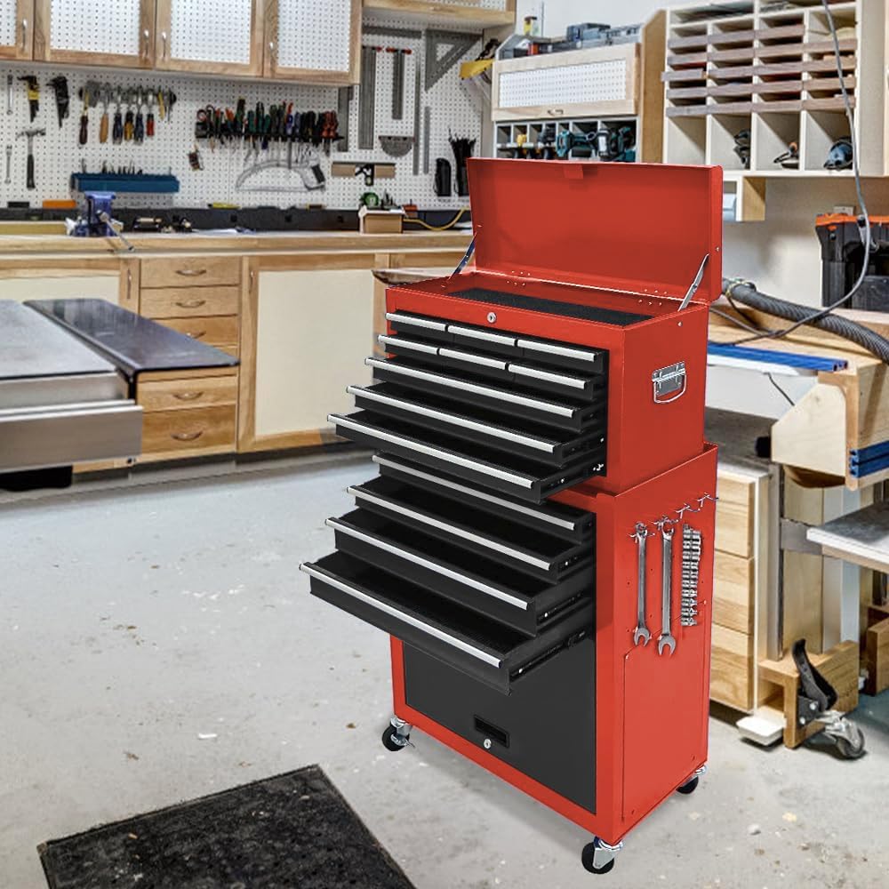 13 Drawer Tool Chest,Tool box with Wheels, Rolling Tool Cabinets with Drawers, Top Detachable Tool Chest with Hooks Handles for Workshop Mechanical Garage - (Black＆Red)