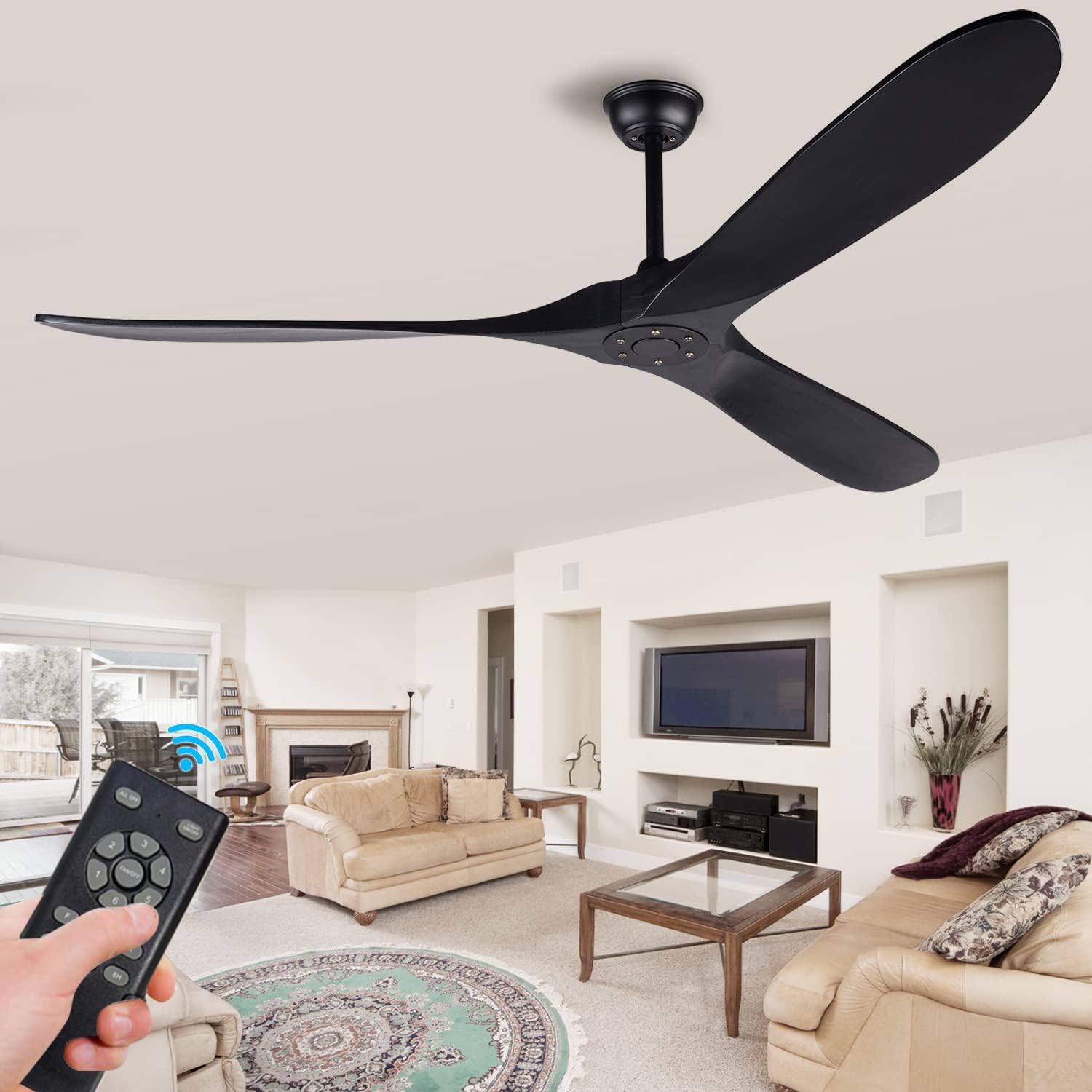 72 Inch Black Ceiling Fan No Light ，Wood Outdoor Ceiling Fans for Patios Living Room Gazebo Mid Century Modern Exterior Extra Large Waterproof Ceiling Fan without Light with Downrod
