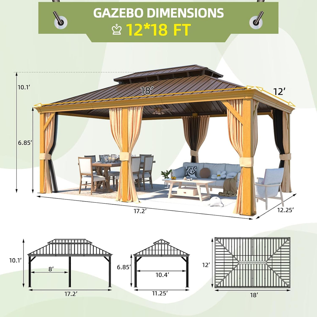 YOLENY 12'x18' Hardtop Gazebo, Wood Grain Aluminum Frame with Galvanized Steel Double Roof and Water Gutter, Outdoor Permanent Metal Pavilion with Curtains and Nettings for Patios, Gardens and Lawns