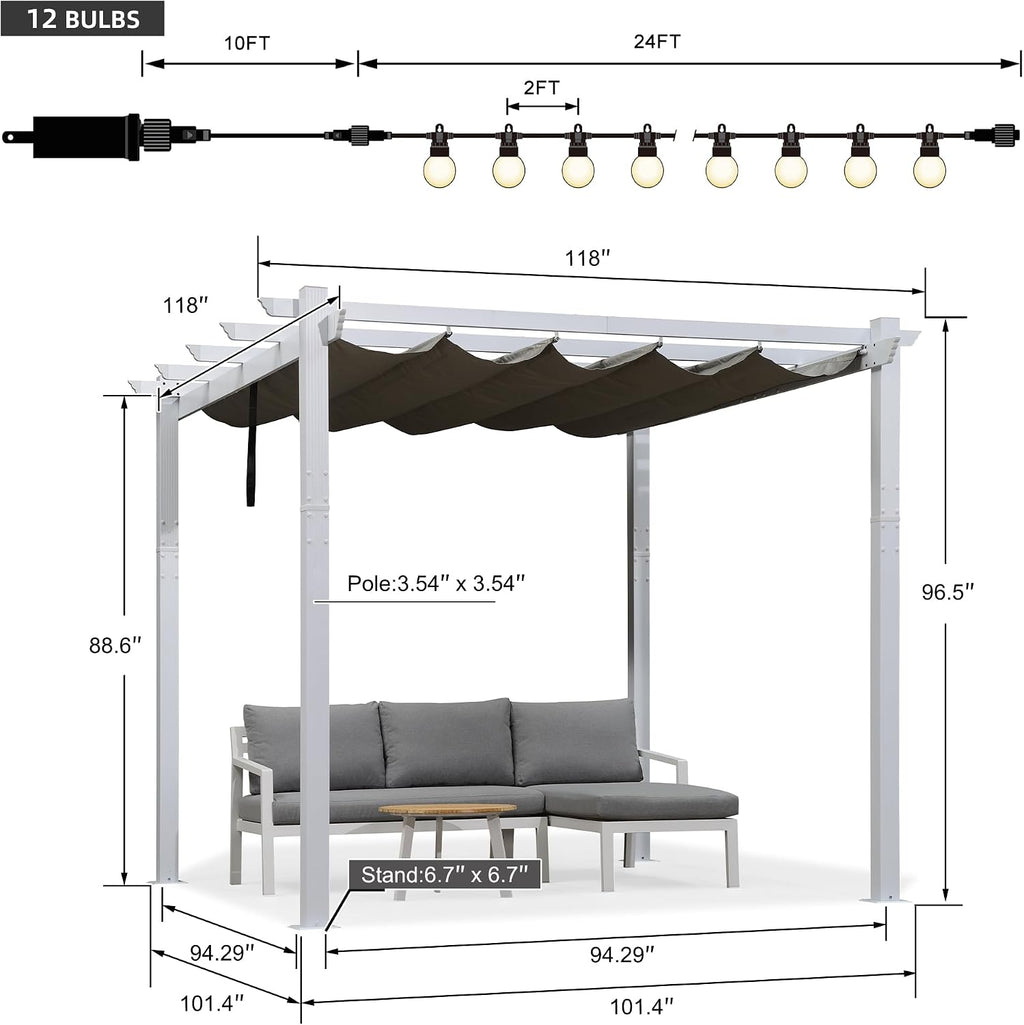 PURPLE LEAF 10' x 10' White Pergola Square Patio Aluminum Pergola with Retractable Canopy for Outdoor Backyard Poolside, Grey