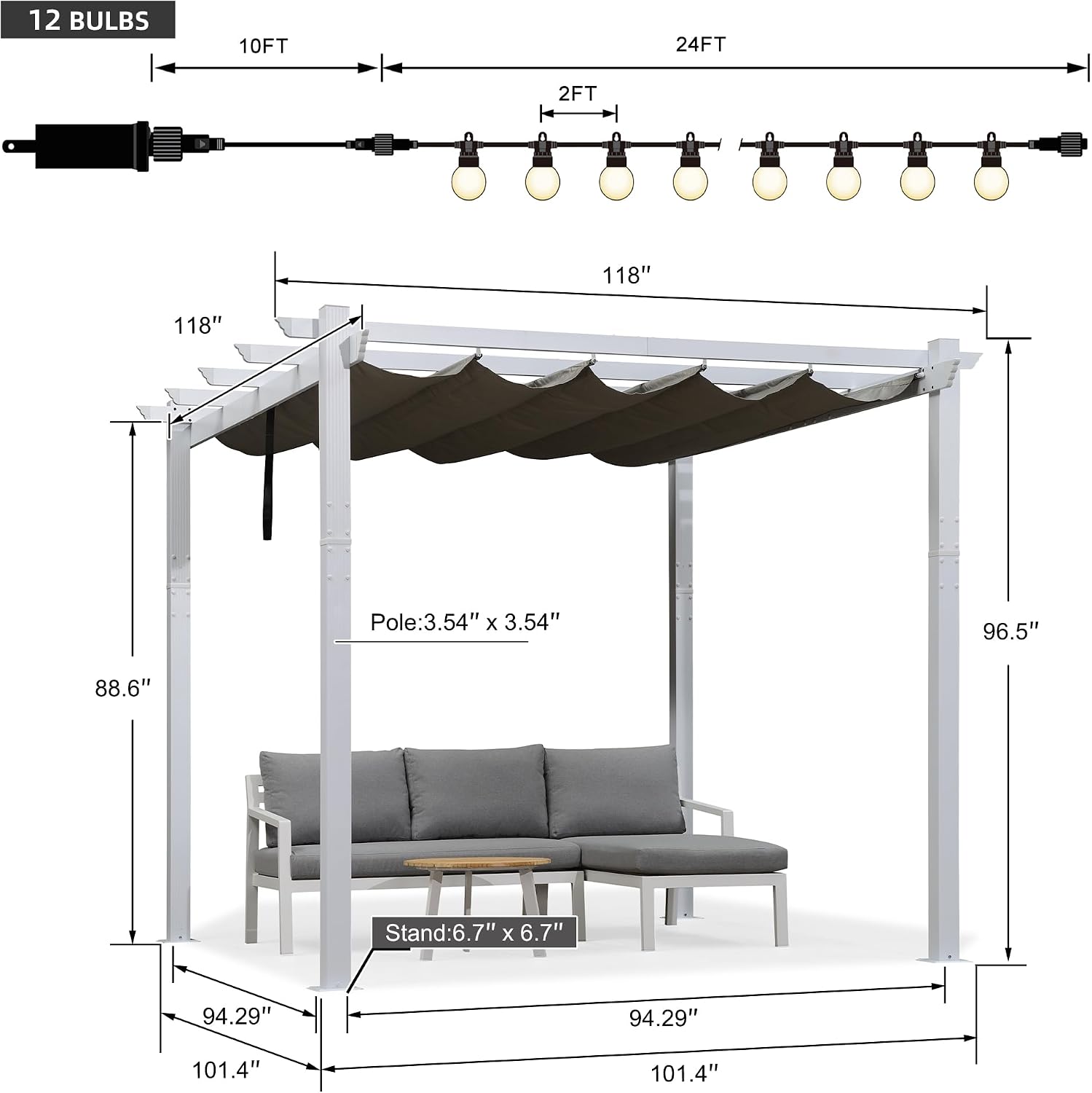 PURPLE LEAF 10' x 10' White Pergola Square Patio Aluminum Pergola with Retractable Canopy for Outdoor Backyard Poolside, Grey