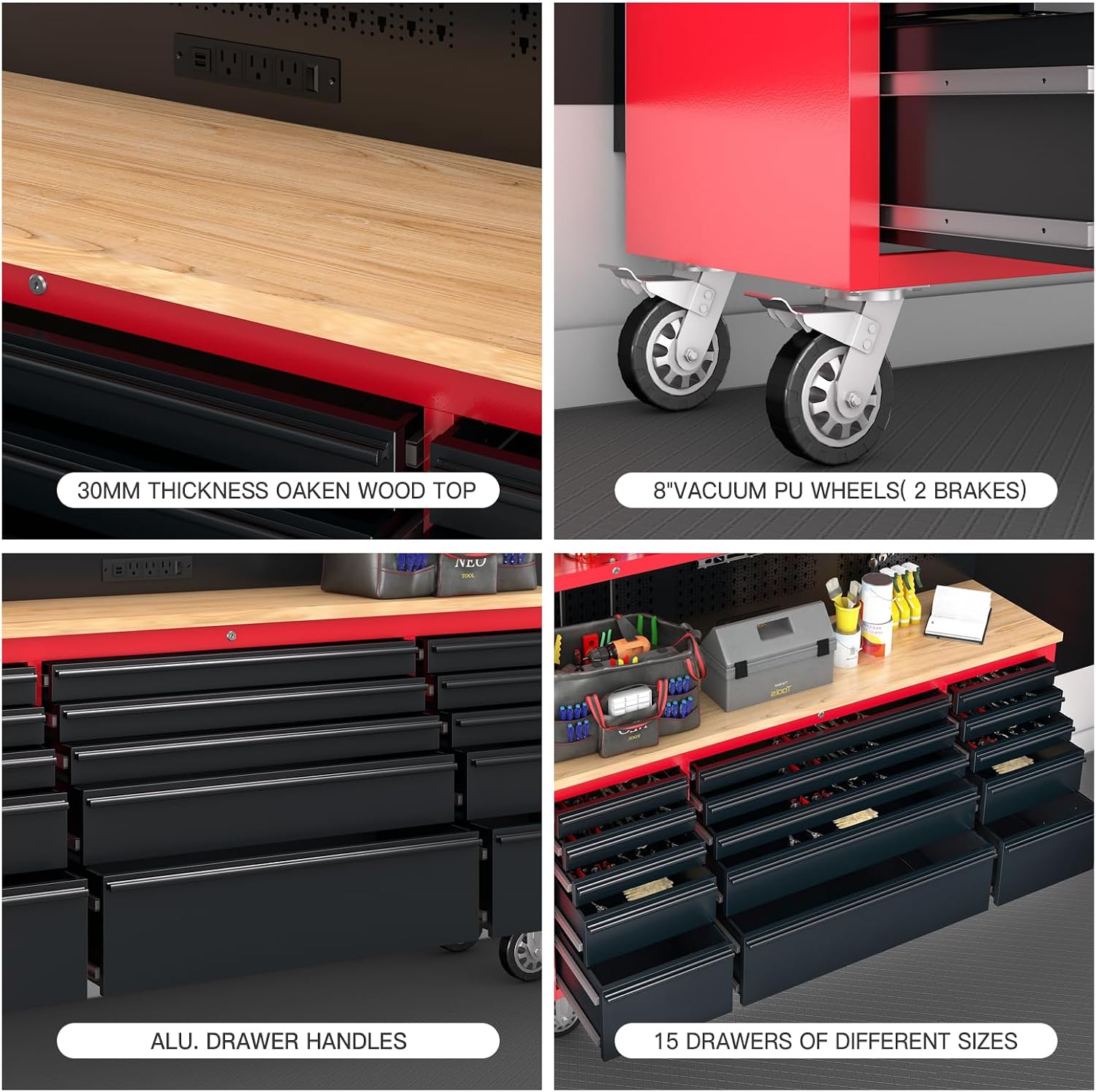 AIRAJ 72-inch Rolling Tool Chest,Garage Workbench with 15 Storage Drawers,Heavy-Duty Tool Cabinet on Wheels with Solid Rubber Wood Top,3 Upper Cabinet,Pegboard & Power Strip for Tool Organization