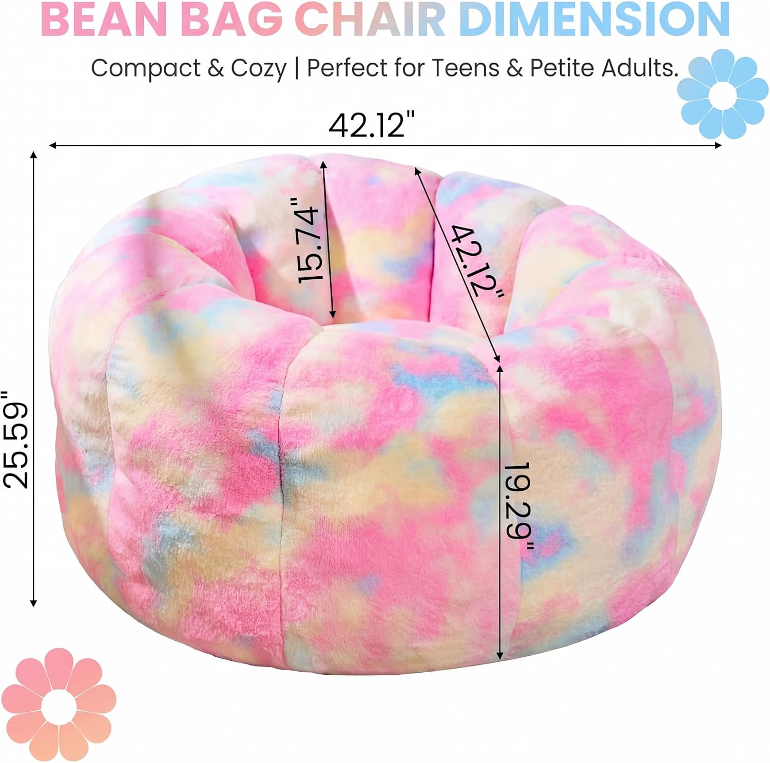 Tie-Dye Flower Floor Lounger, 3.5 ft Plush Memory Foam Bean Bag Chair for Teens, Fluffy Aesthetic Room Decor and Cozy Seating for Teen Bedroom and Dorm, Pink