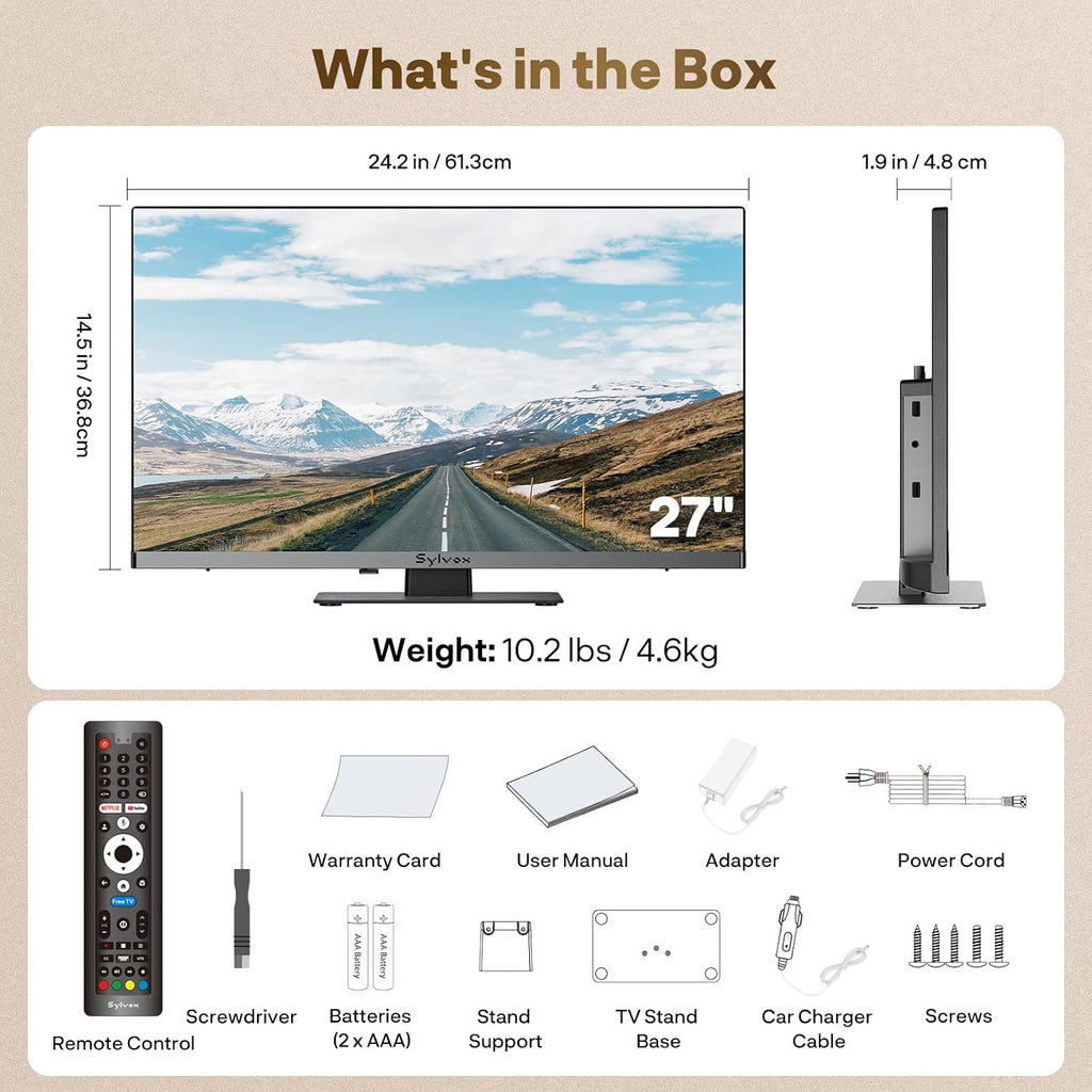 SYLVOX RV TV, 12V QLED TV with DVD Player Built-in, 27 Inch Smart Television for Camper, 12 Volt DC Power Low Energy Consumption, HD 1080P, Bezel Less Design