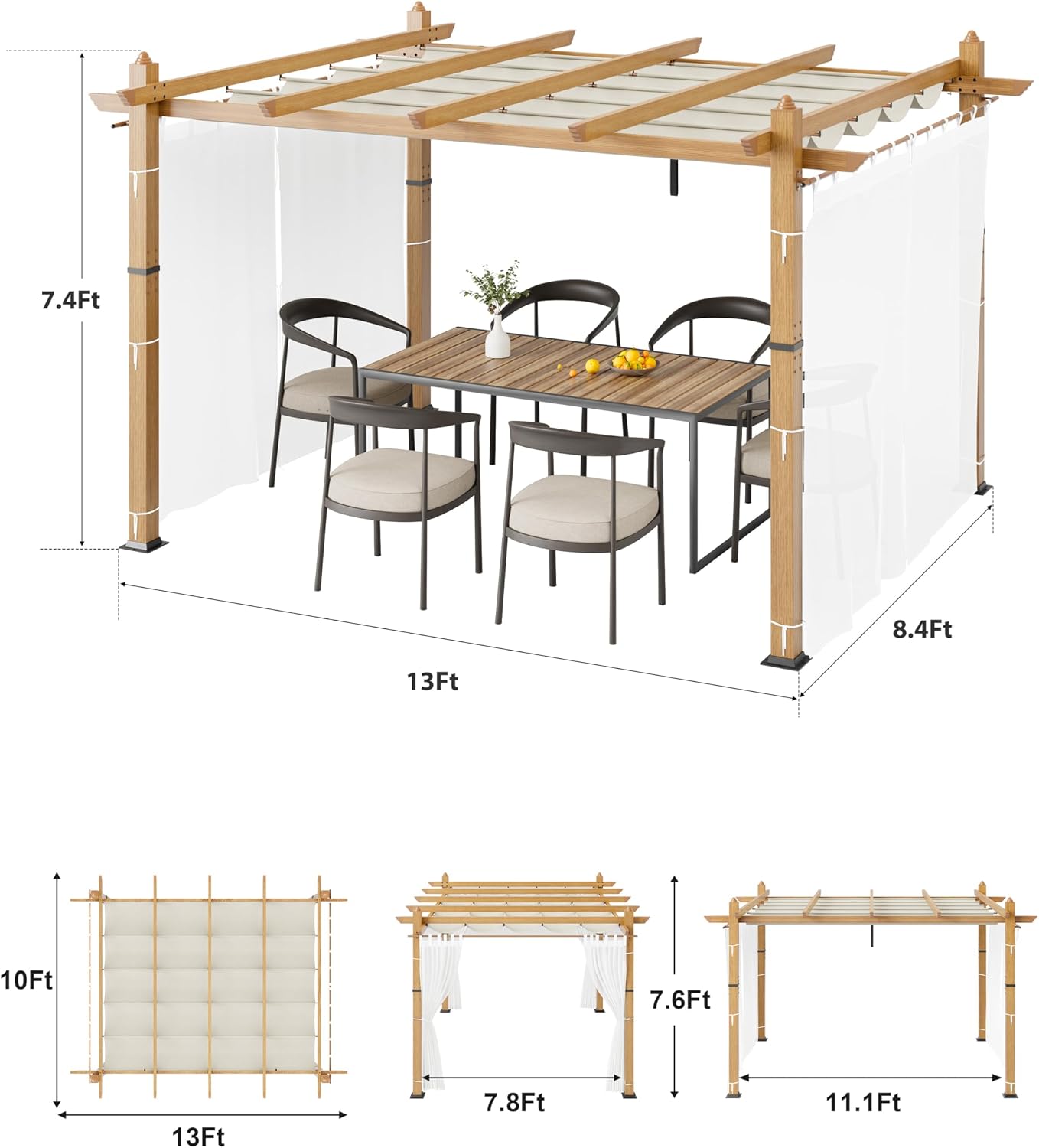 10x13 Ft Retractable Outdoor Pergola with Canopy and Side Mesh, Upgraded Wood-Grain Aluminum Pergola, Modern Pavilion for Backyard, Patio, Porch, Grape Trellis, Beige+White