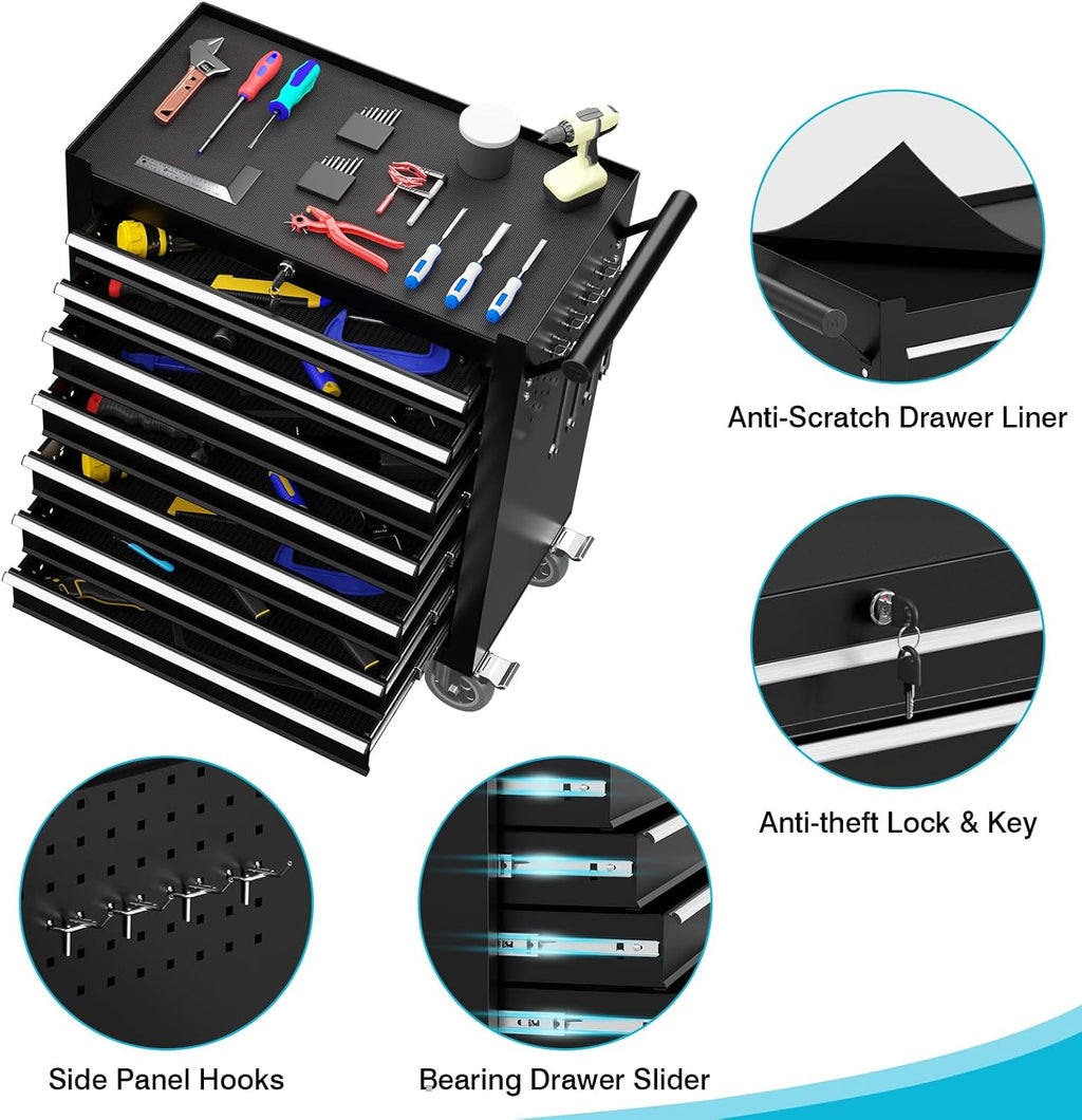 7 Drawers Metal Rolling Tool Chest, Portable Storage Tool Box with Wheels, Toolbox on Wheels for Warehouse, Garage, Repair Shop and Tool Room