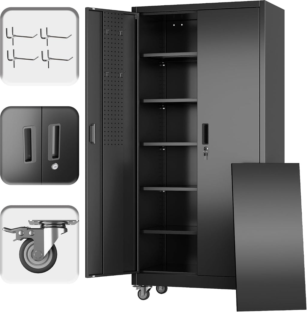 Garage Storage Cabinet with Wheels and Pegboard, 71' H x 32' W x 16' D Lockable Metal Storage Cabinet with 5 Adjustable Shelves and 2 Doors for Garage Home, Assembly Required, Black