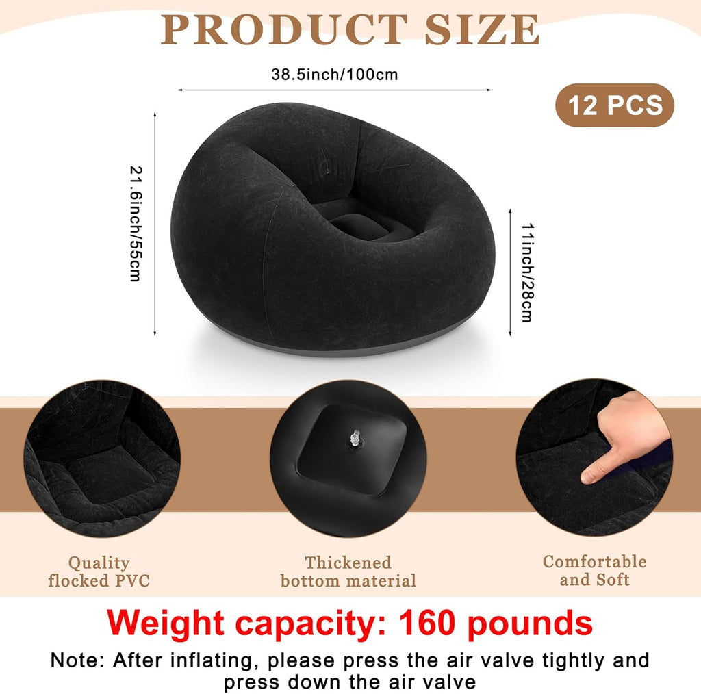 Realspring 6 9 12 Pcs Inflatable Bean Bag Chairs for Adults with Electric Air Pump, Blow up Couch Folding Portable Inflatable Couch Lazy Sofa for Outdoor Movie Night Camping(Black,12 Pcs)