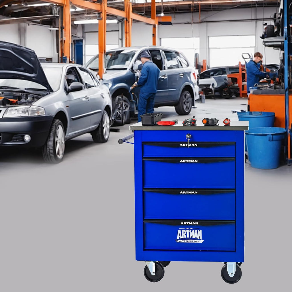 4-Drawer Heavy-Duty Rolling Tool Chest with Wheels & Steel Roof, Lockable Tool Chest Storage Cabinet for Garage, Workshop, Warehouse, and Repair Shop