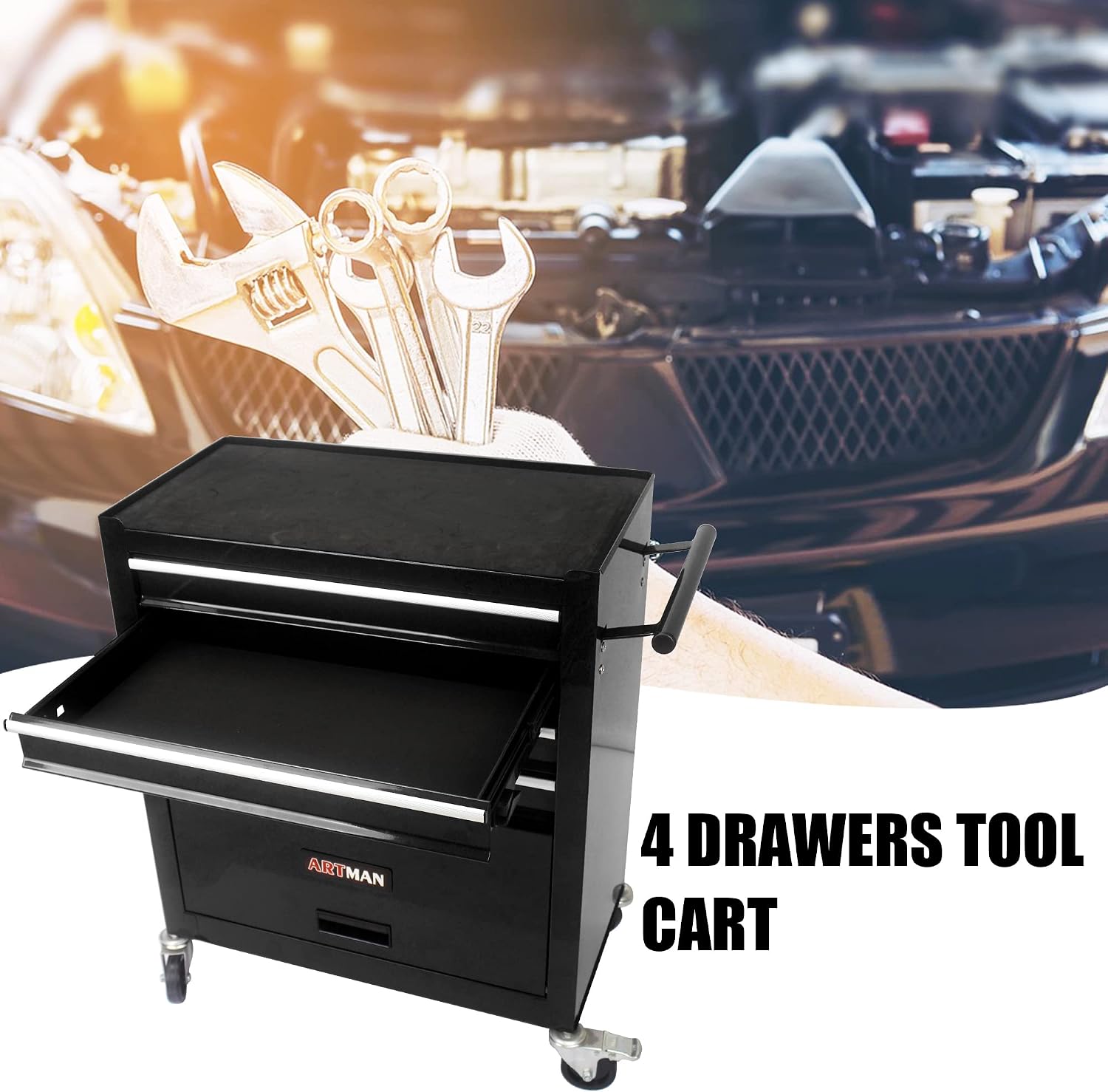 4 Drawers Rolling Tool Chest Cart. Tool Storage Cabinet with 4 Wheels.Tool Cabinet Trolley with Locking System and Drawer Liners.Tool Storage Cart for Garage,Workshop. 24.4' Toolbox Cart
