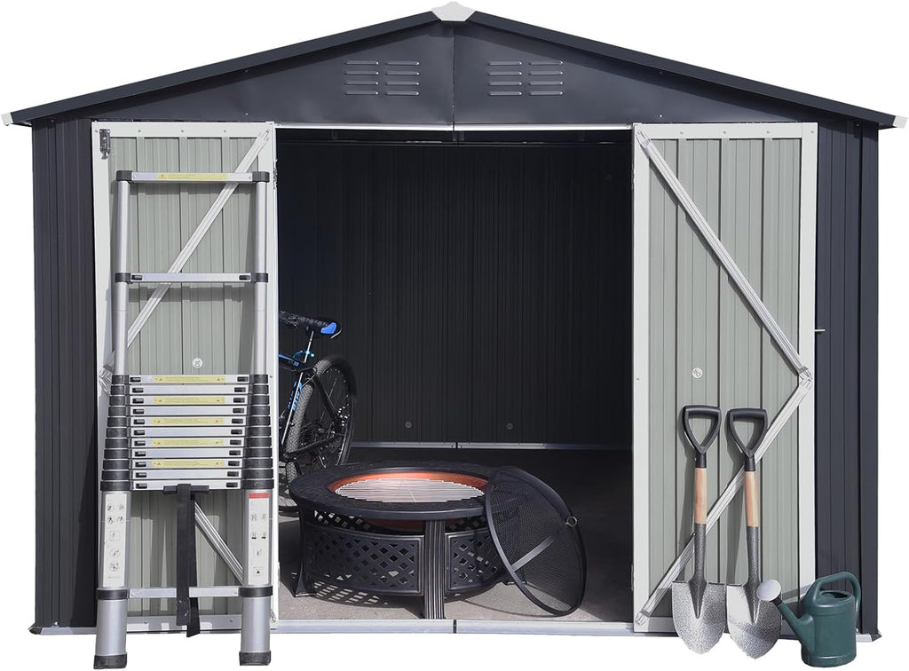 Shed with Windows,Large Metal Outdoor Storage Shed, Lockable Tool Storage shed, Steel Garden shed, Suitable for Backyard, Terrace, and Poolside (Dark Grey, 10FTx8FT)