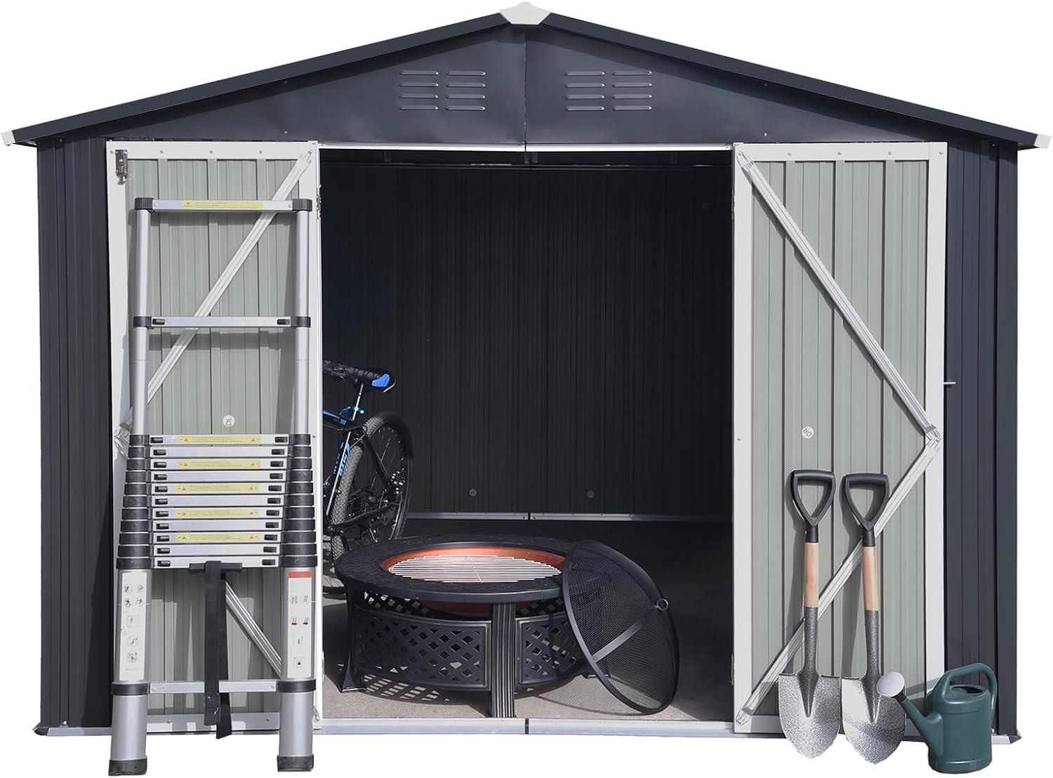Shed with Windows,Large Metal Outdoor Storage Shed, Lockable Tool Storage shed, Steel Garden shed, Suitable for Backyard, Terrace, and Poolside (Dark Grey, 10FTx8FT)