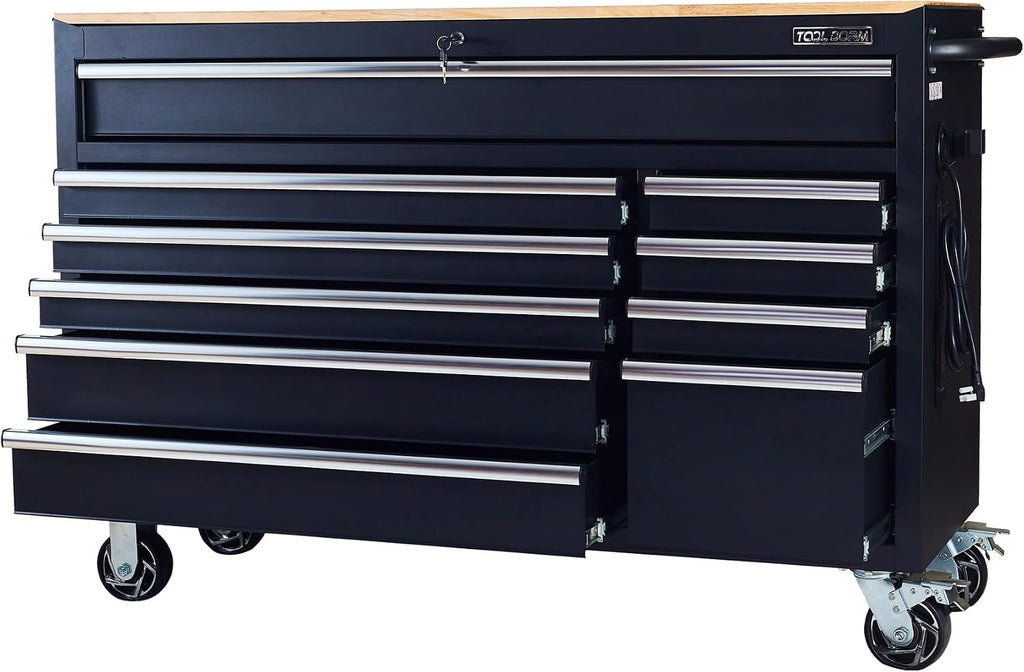 Rolling Large Tool Chest 56-Inch 10 Drawers, Big Tool Chest with Drawers, Workbench with Wooden Top and Power Strip, Rolling Toolbox with Drawers and Locking System, Black