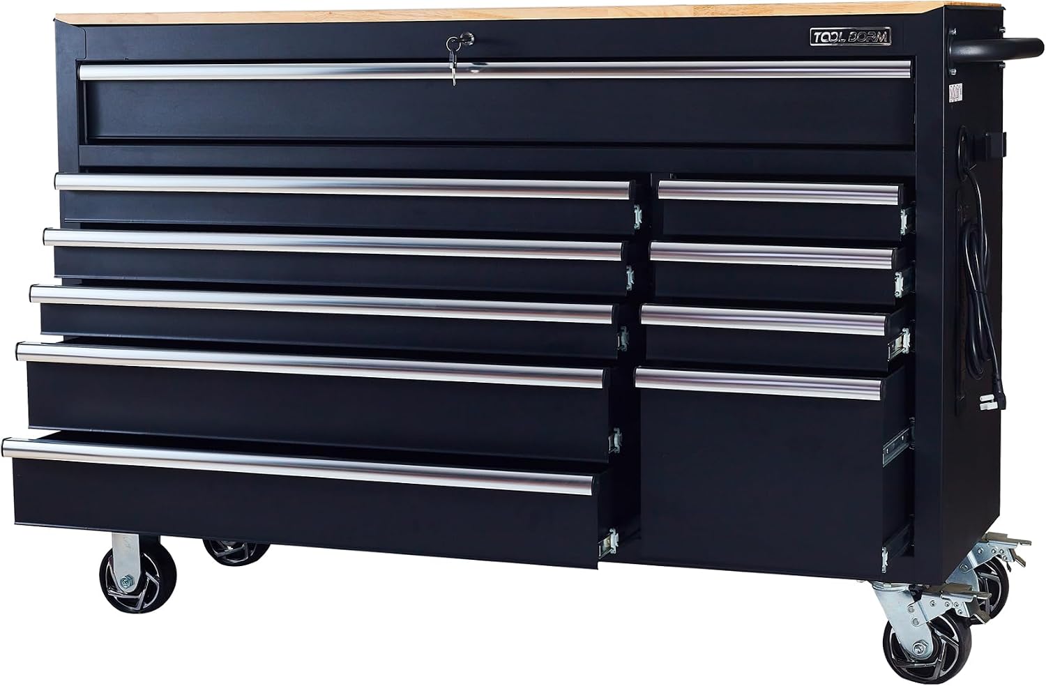 Rolling Large Tool Chest 56-Inch 10 Drawers, Big Tool Chest with Drawers, Workbench with Wooden Top and Power Strip, Rolling Toolbox with Drawers and Locking System, Black
