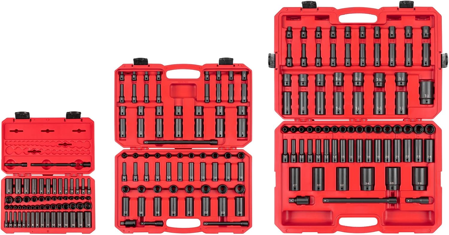 TEKTON 1/4, 3/8, 1/2 Inch Drive Shallow and Deep 12-Point Impact Socket Set with Cases, 211-Piece (5/32-1-1/2 in., 4-39 mm) | SID99404