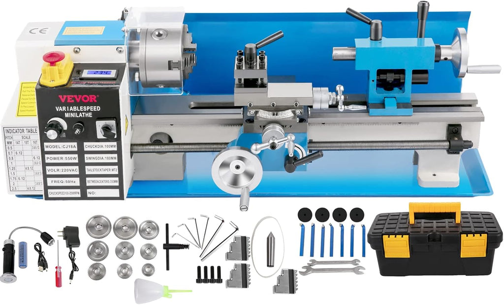 VEVOR Metal Lathe, Upgraded Digital Display 7'x14' Benchtop Metal Lathe 550W Variable Speed 2250RPM with 3-jaw Chuck CNC Mini Lathe Machine Precision Mini Lathe Tool Box for Metal Turning