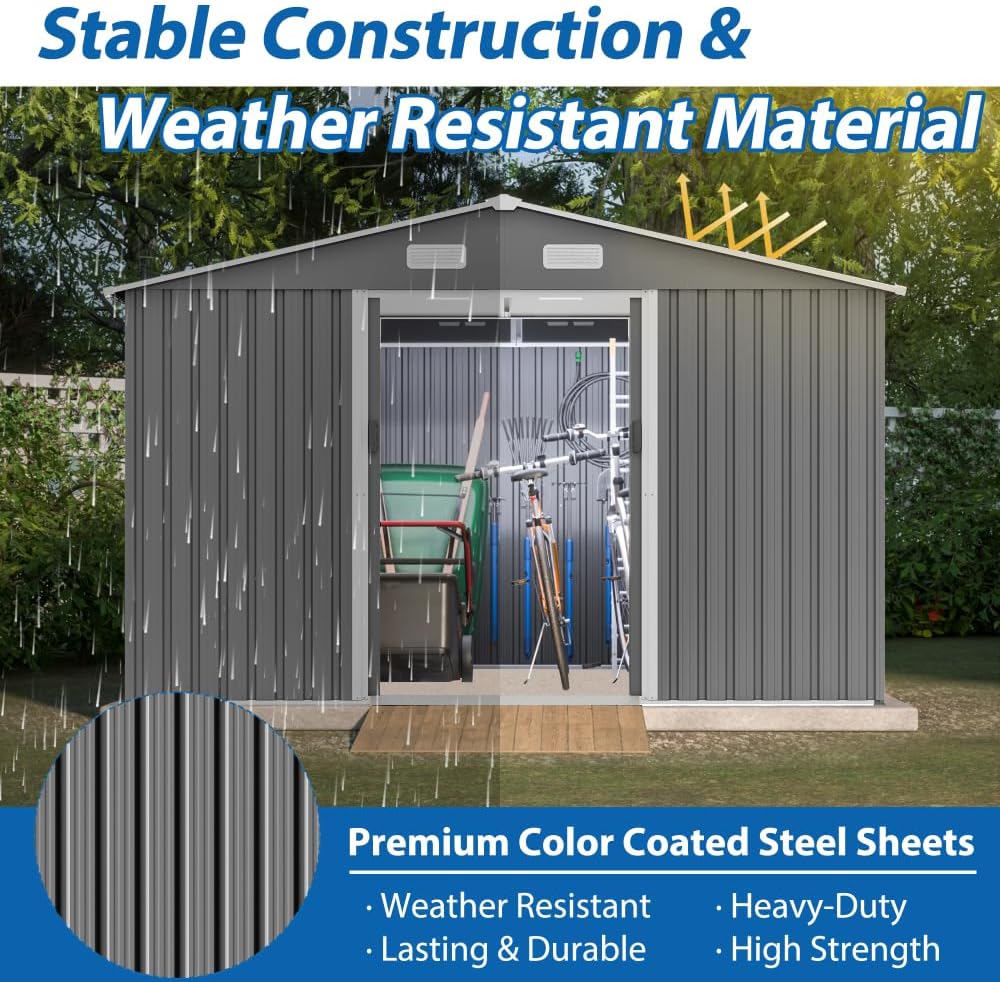 Large Outdoor Storage Shed 10x12 FT, Heavy-Duty Metal Garden Tool Organizer with Lockable Doors and Weather-Resistant Roof for Backyard (10x8 ft Grey-1)