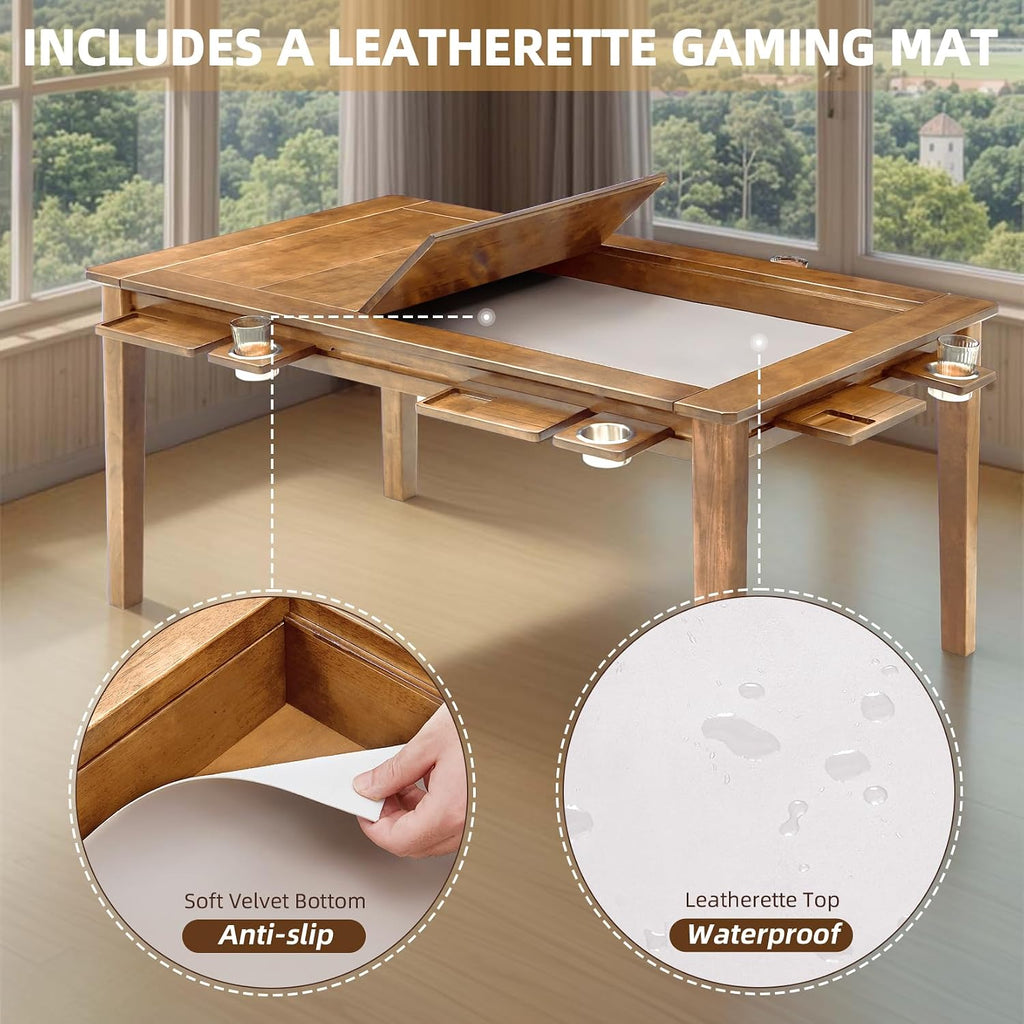 Coperat Solid Wood Board Game Table for 4-6 Players,Dining/Gaming Table w/ 54'x31' Big Gaming Space and Removable Top,Includes Game Mat, 6 Cup Holders & Hobby Tray,Rosewood
