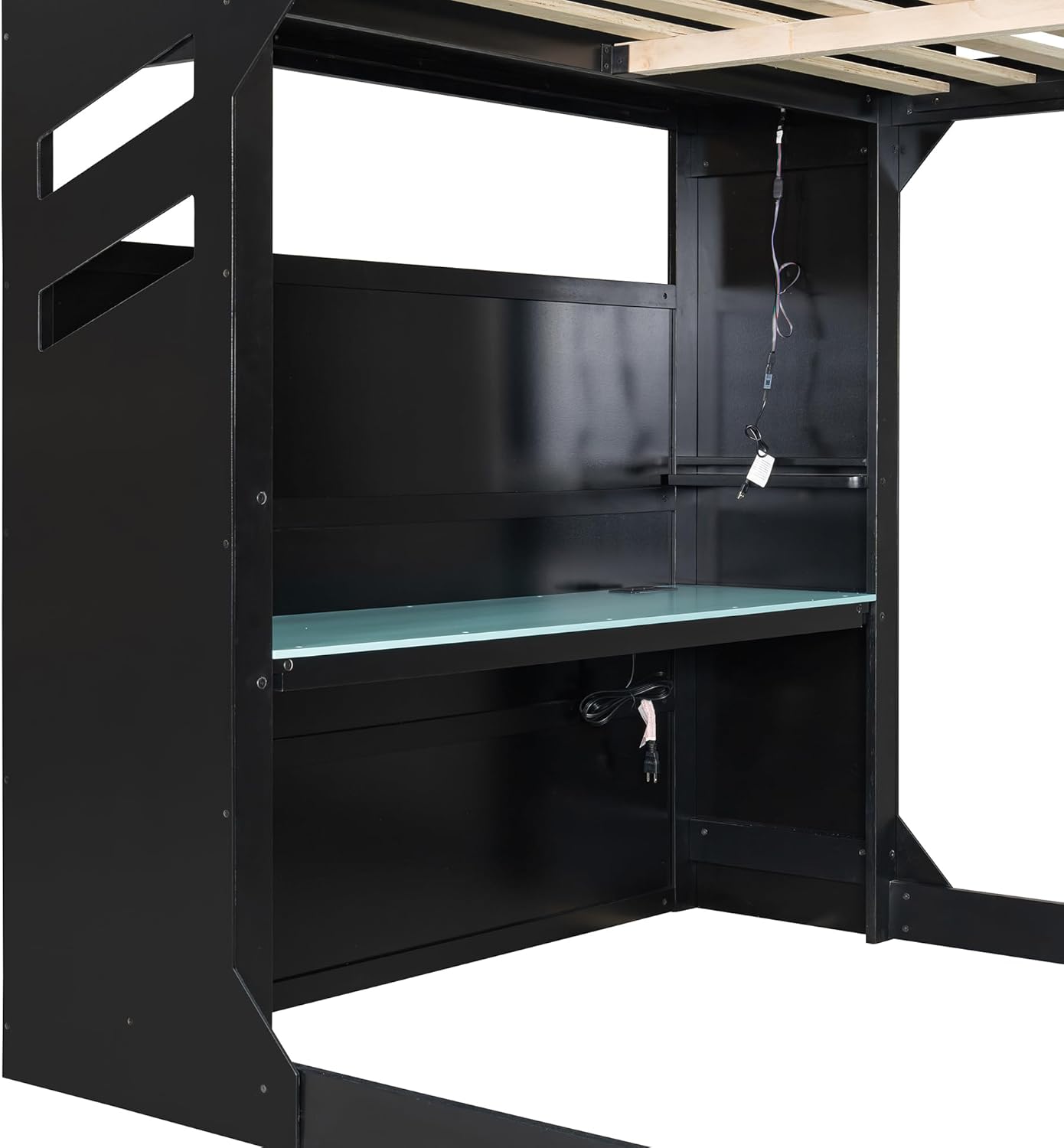 SOFTSEA Full Size Gaming Loft Bed with Desk, Storage Headboard, Drawers, Hanging Rod, USB Ports & LED Lights for Bedroom, No Box Spring Needed, Blue