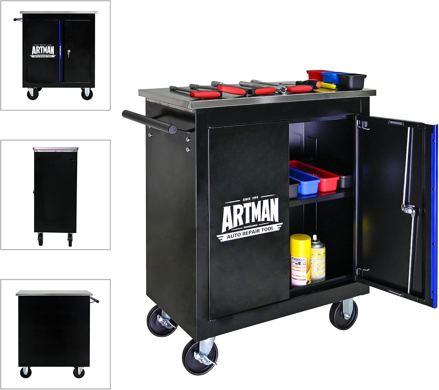 1 Cabinet Tool Cart on Wheels with Stainless Steel Worktop, Heavy Duty Mobile Rolling Drawer Tool Chest with Secure Locking System & Locking Wheels for Garage,Warehouse,Workshop (Black&Blue)