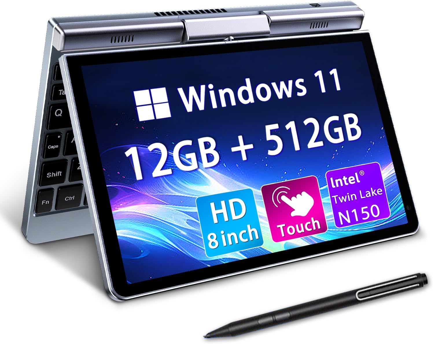 Mini Laptop 8' 2-in-1, Laptop Computer Win 11, Intel N150(up to 3.6GHz), 12GB RAM 512GB SSD, Touchscreen HD, Backlit Keyboard, Wi-Fi 6, USB-C, Lightweight Portable PC for Work/Kids/School