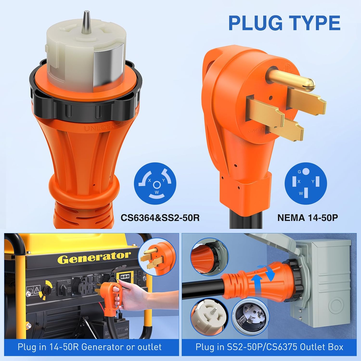 Nilight 50 Amp 50FT Generator Extension Cord 250V Heavy Duty 6/3+8/1 Gauge Pure Copper STW Wire ETL Listed 4 Prong 14-50P SS2-50R&CS6364 50F/50M Cable Suit for RV Home Use