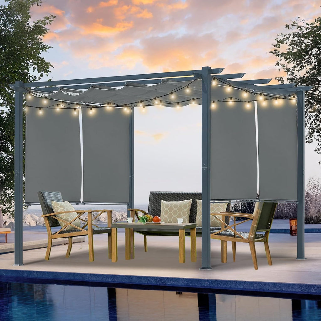 10 x 10 Ft Outdoor Aluminum Pergola, Retractable Canopy & 2 Sides Shades for Patio Backyard Garden Deck
