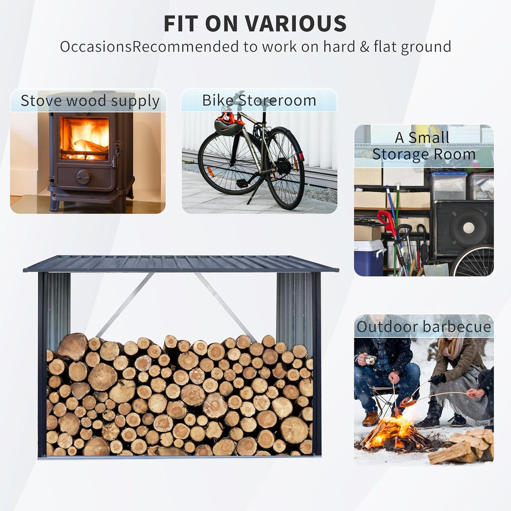 7.1 * 2.5FT Large Outdoor Steel Firewood Rack with Sloped Roof, Heavy Metal Wood Storage Shed for Logs, Pellets & Lumber