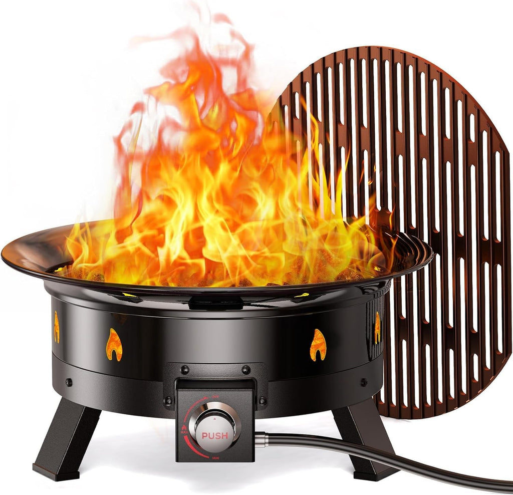 Ciays 21 Inch Propane Fire Pit with Grill Grate, Folding Legs, 58,000 BTU, Black, Metal, Round, Compatible with Propane
